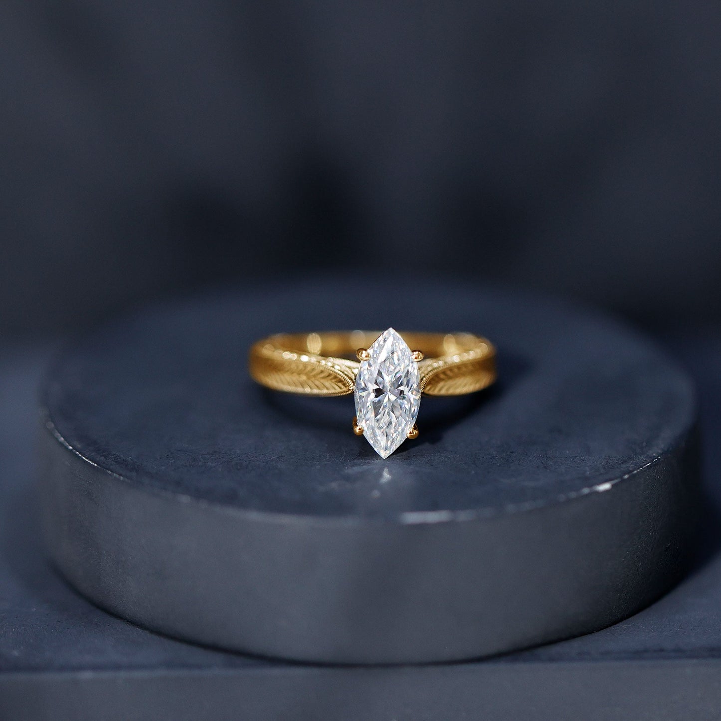 1 Carat Moissanite Marquise Engagement Ring with Leaf Engraved Shank