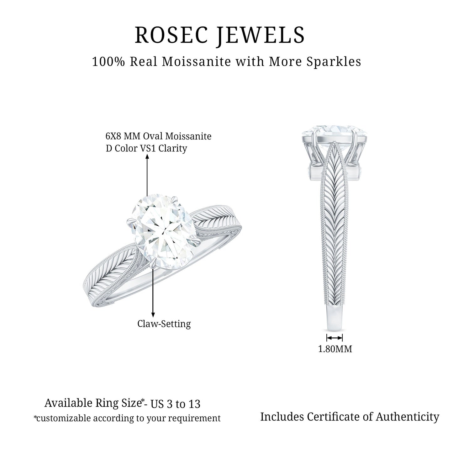 1 Carat Solitaire Moissanite Oval Engagement Ring with Engraving