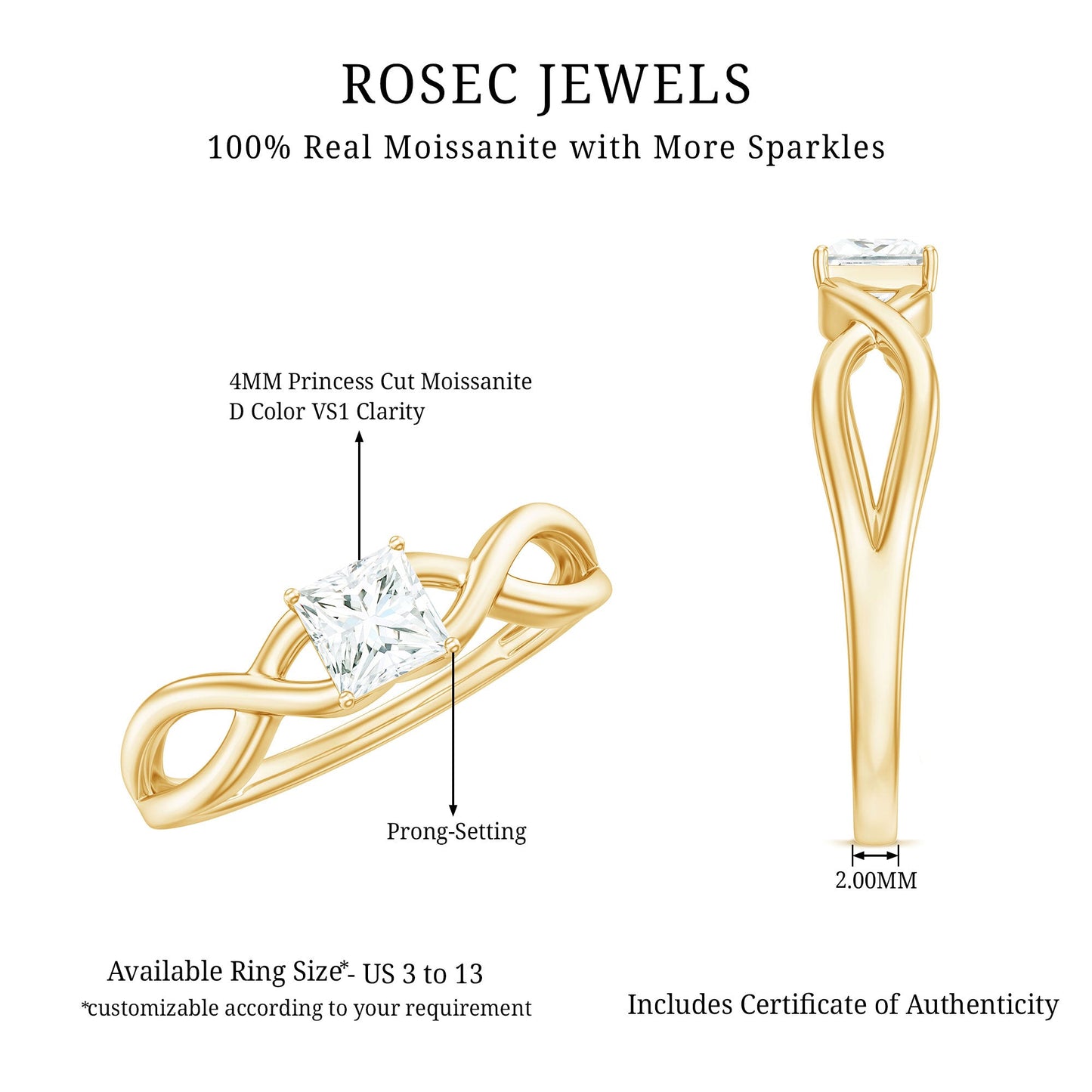 Princess Cut Moissanite Solitaire Crossover Ring for Women