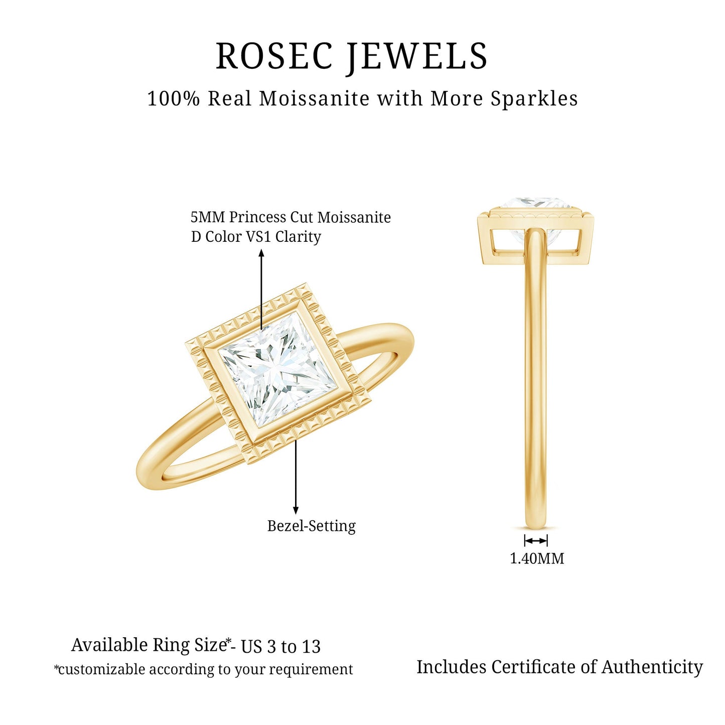 0.7 Carat Princess Cut Moissanite Solitaire Ring in Bezel Setting