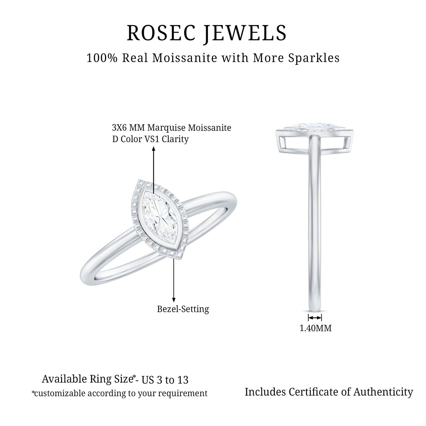 Marquise Cut Moissanite Solitaire Ring in Bezel Setting