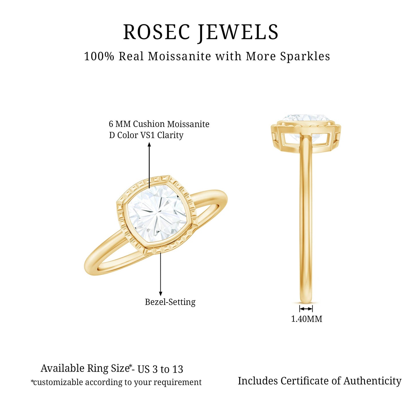 1.7 Carat Cushion Cut Moissanite Solitaire Ring in Bezel Setting