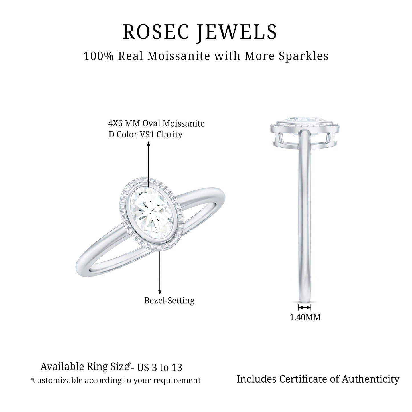 0.4 Carat Oval Cut Moissanite Solitaire Ring in Bezel Setting
