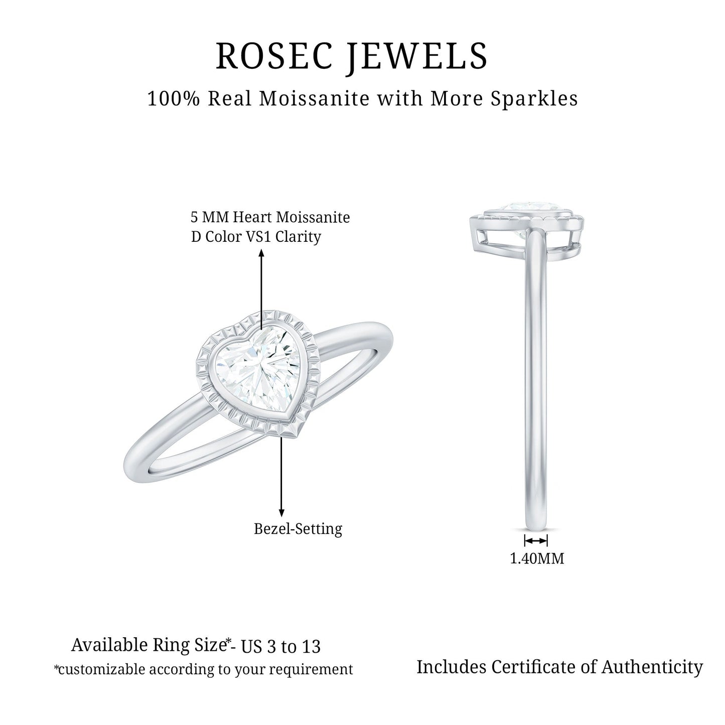 0.5 Carat Moissanite Heart Promise Ring in Bezel Setting