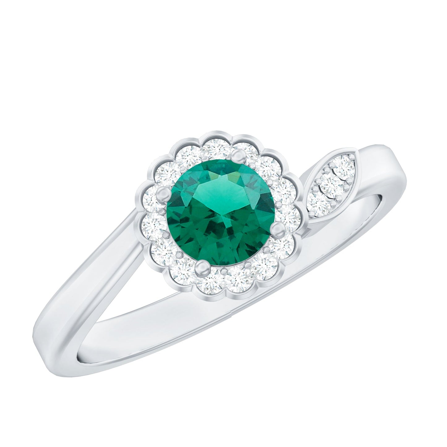Nature Inspired Lab Grown Emerald Promise Ring with Diamond Halo