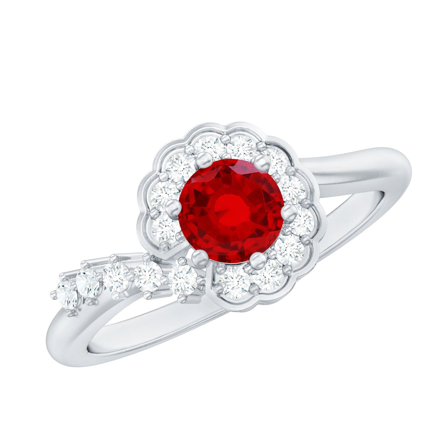 Certified Lab Created Ruby and Diamond Flower Engagement Ring