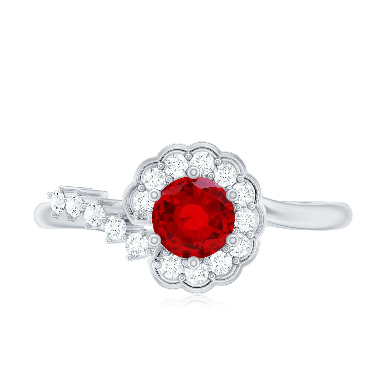 Certified Lab Created Ruby and Diamond Flower Engagement Ring