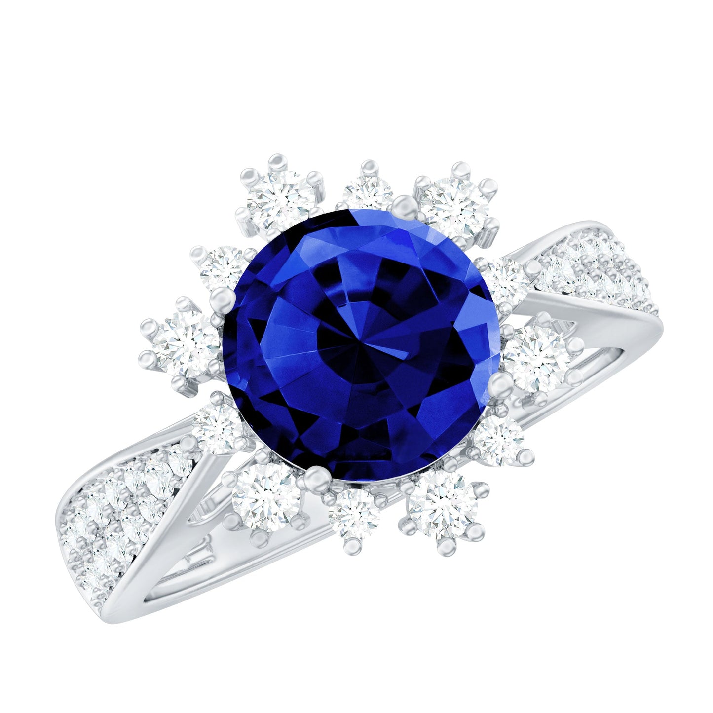 Lab Grown Blue Sapphire Round Engagement Ring with Diamond Accent