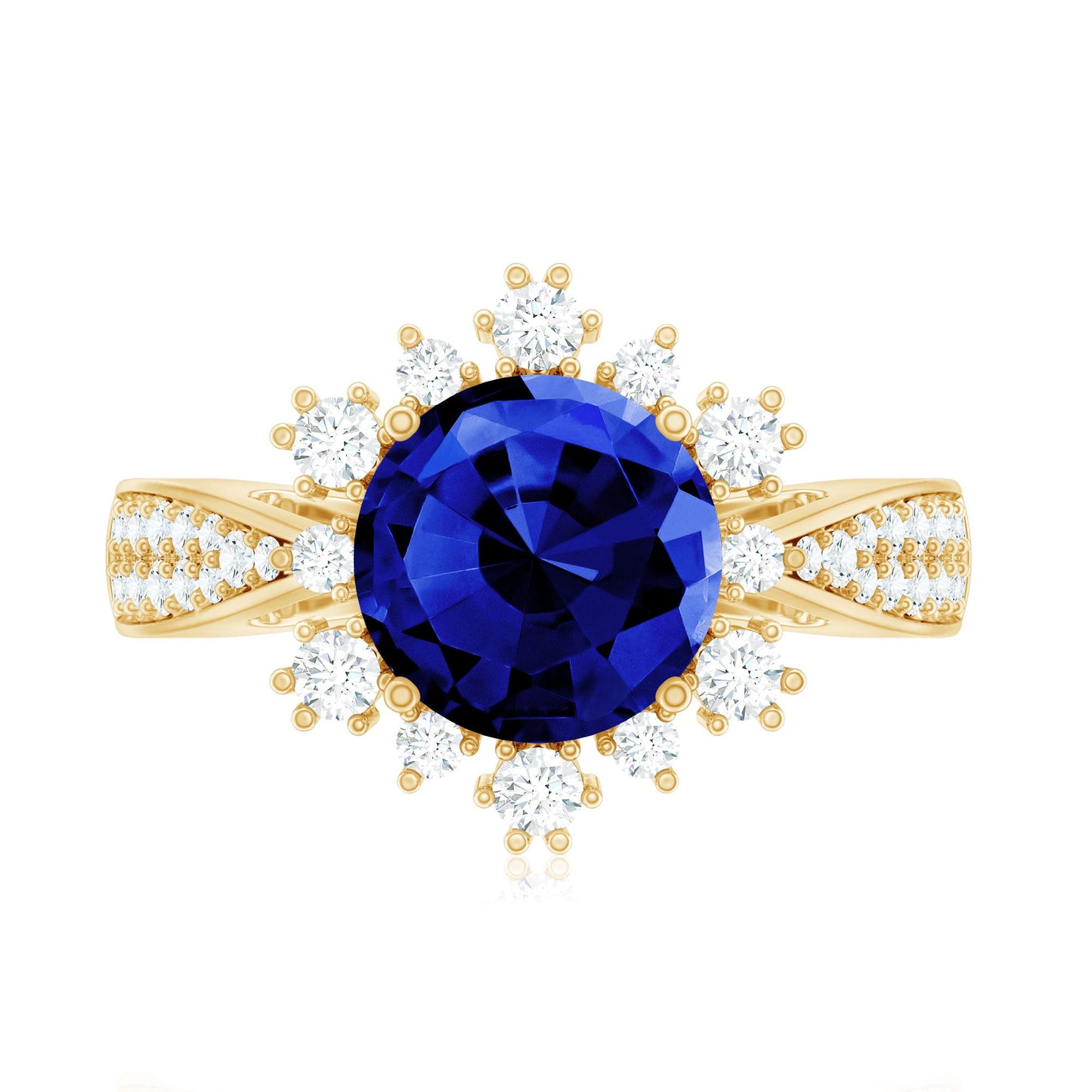 Lab Grown Blue Sapphire Round Engagement Ring with Diamond Accent