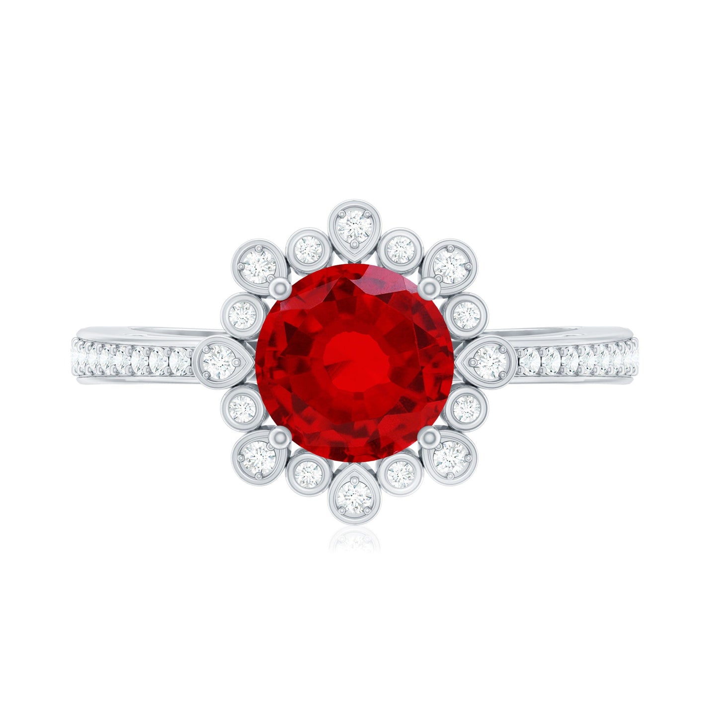 Vintage Style Lab Created Ruby and Diamond Halo Engagement Ring