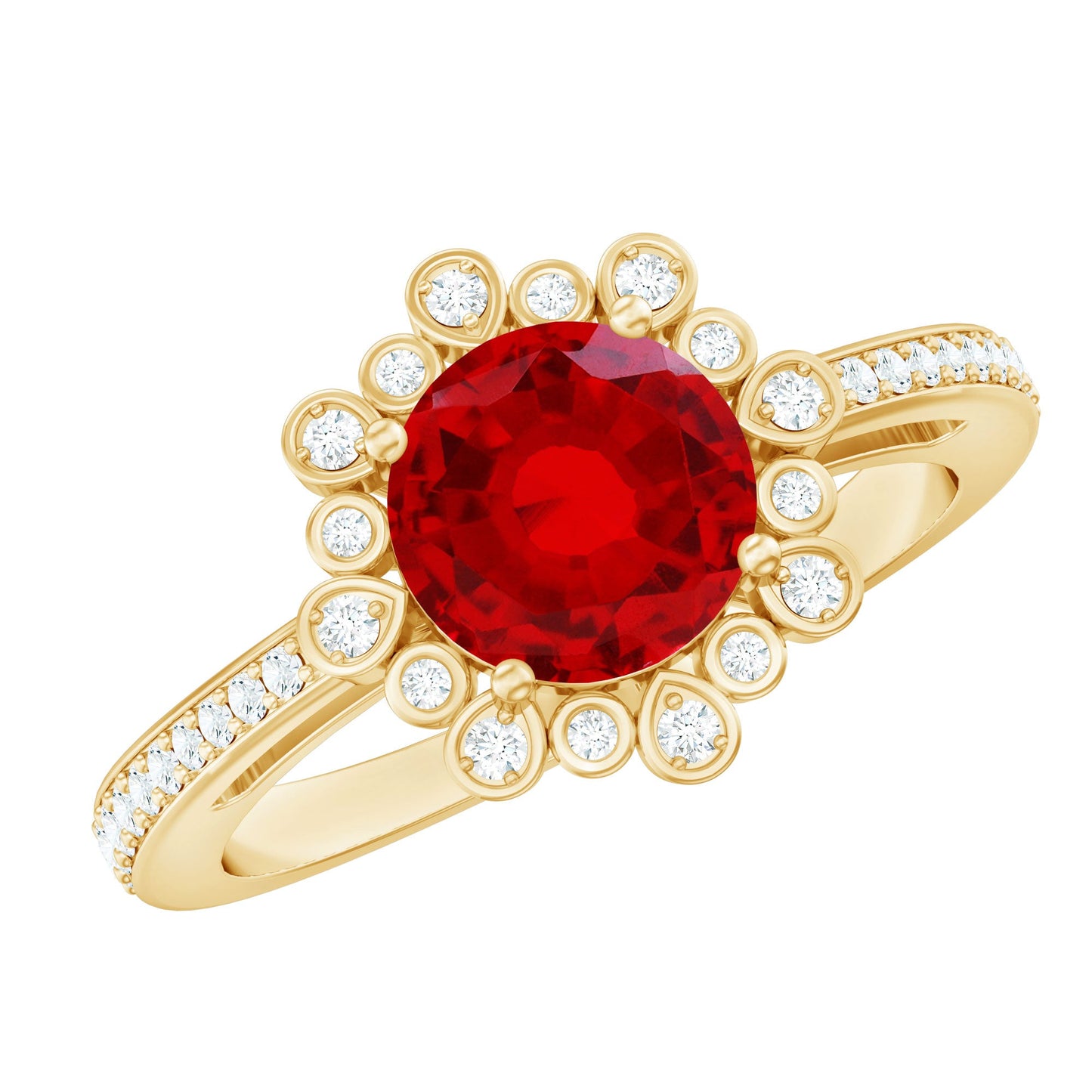Vintage Style Lab Created Ruby and Diamond Halo Engagement Ring