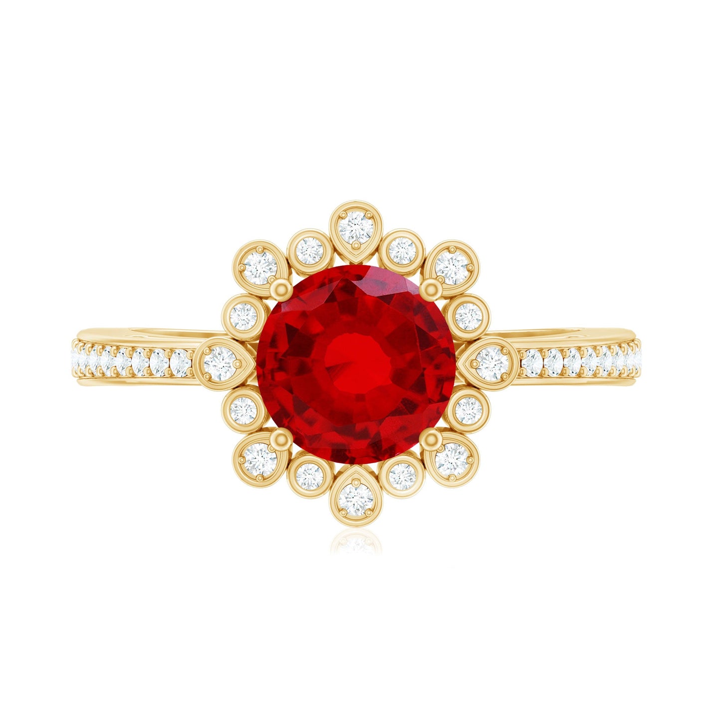 Vintage Style Lab Created Ruby and Diamond Halo Engagement Ring