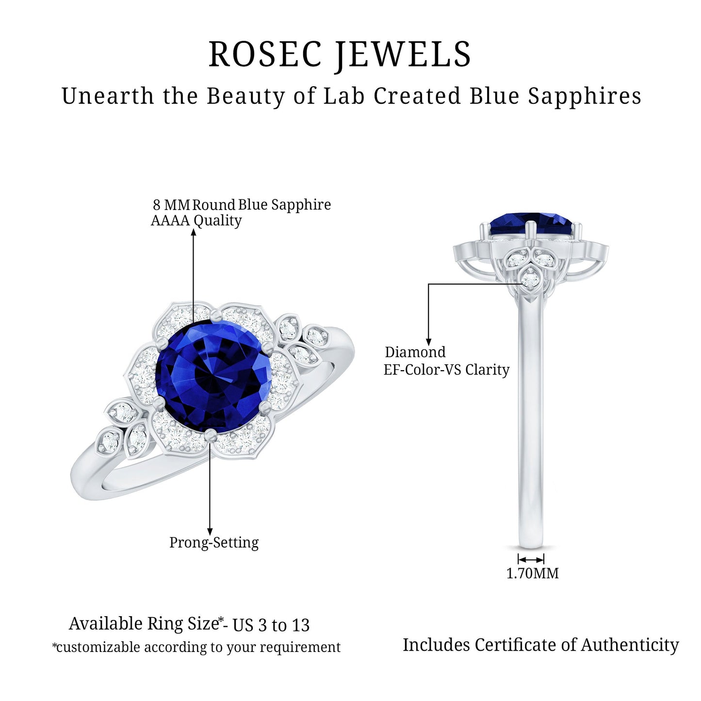 Round Created Blue Sapphire Flower Engagement Ring with Diamond