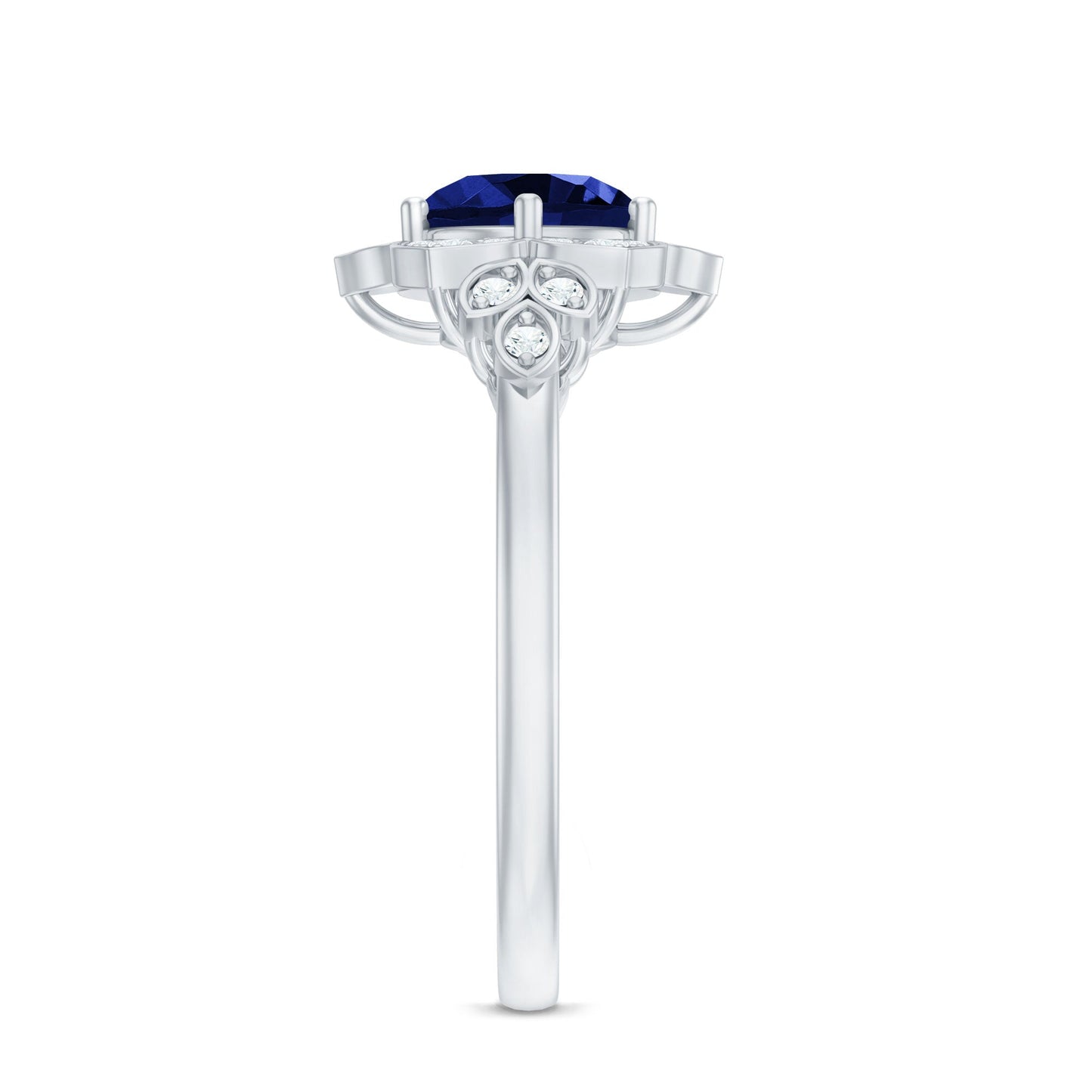 Round Created Blue Sapphire Flower Engagement Ring with Diamond