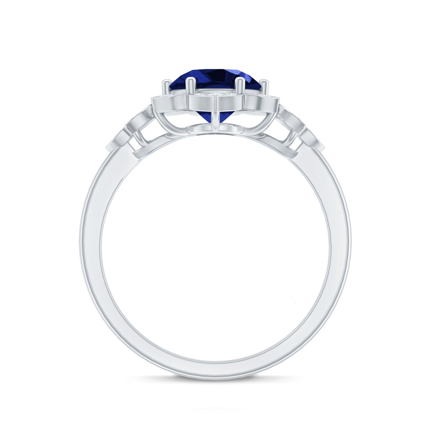 Round Created Blue Sapphire Flower Engagement Ring with Diamond