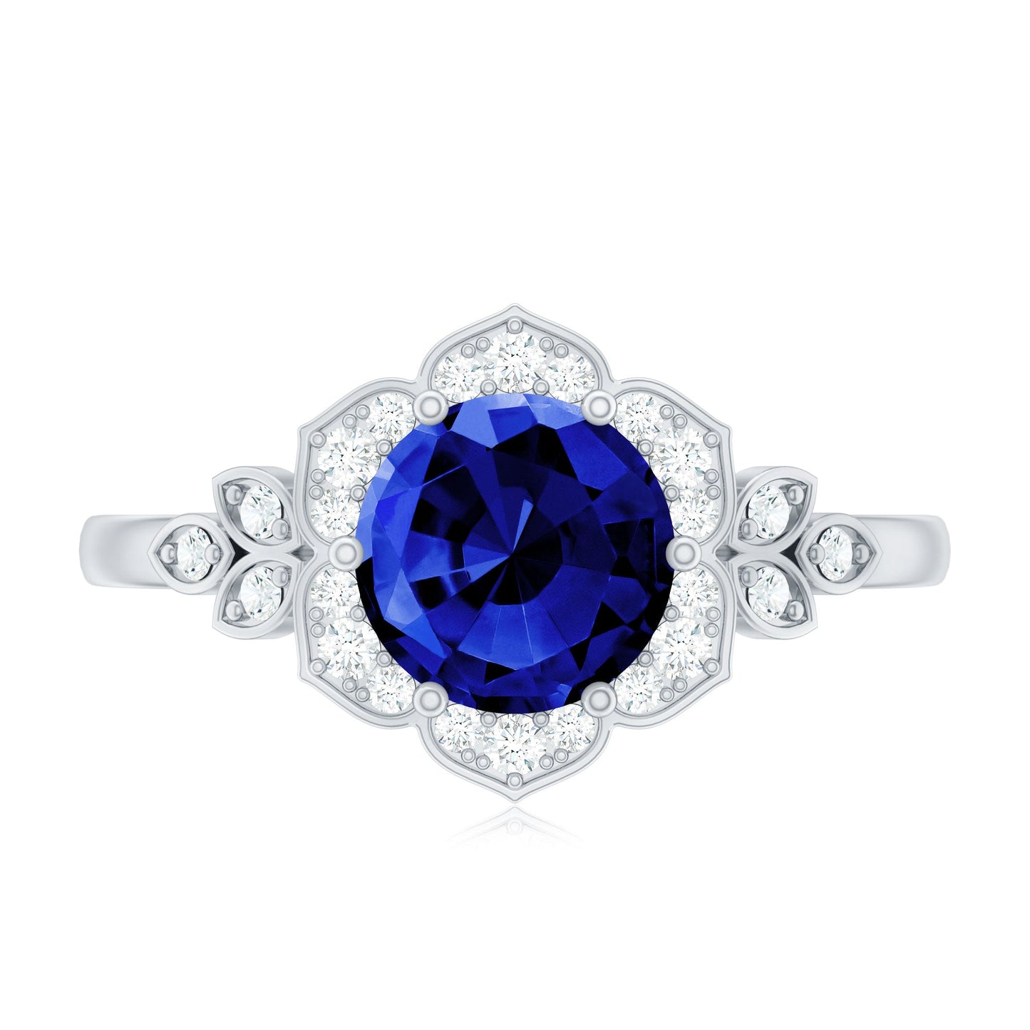 Round Created Blue Sapphire Flower Engagement Ring with Diamond