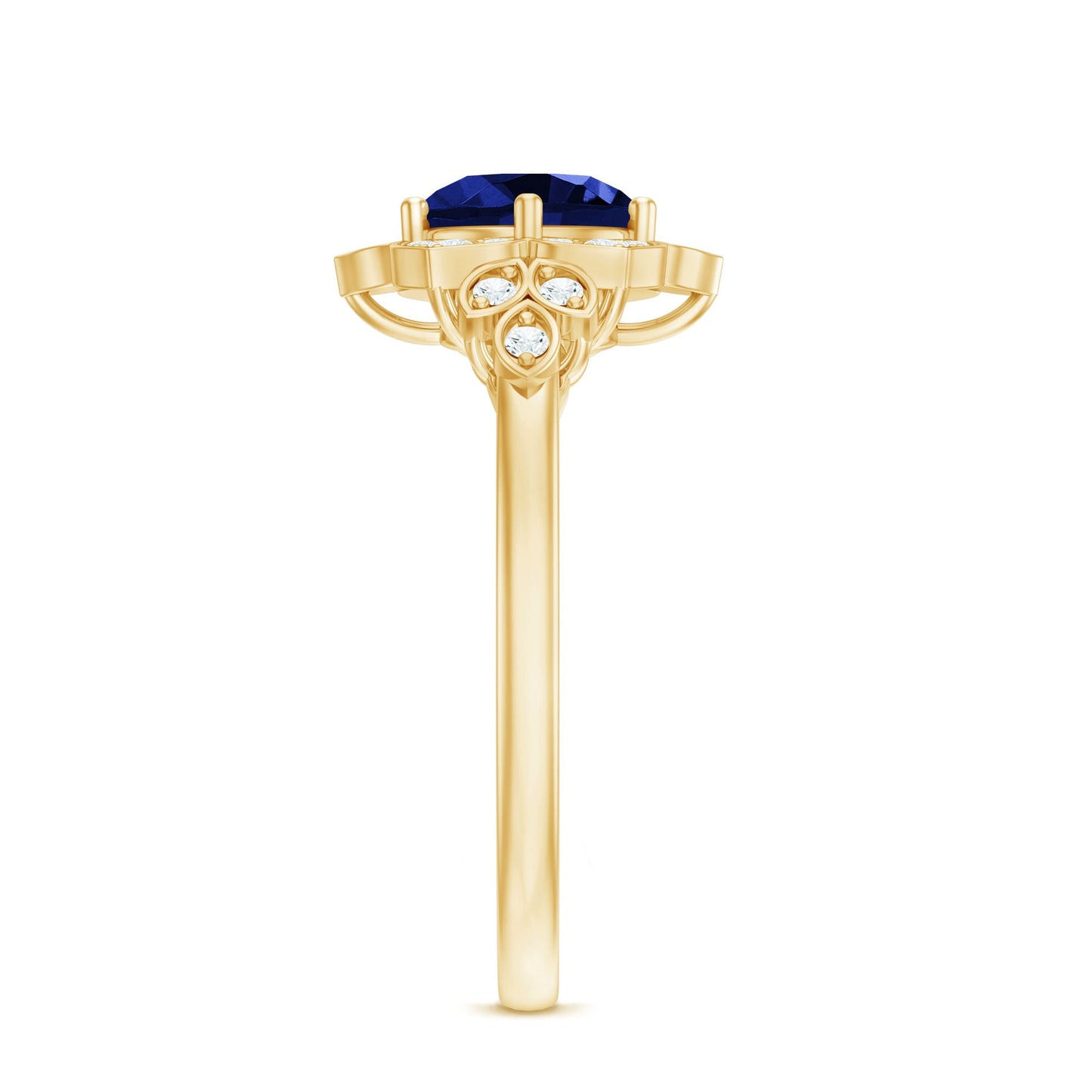 Round Created Blue Sapphire Flower Engagement Ring with Diamond