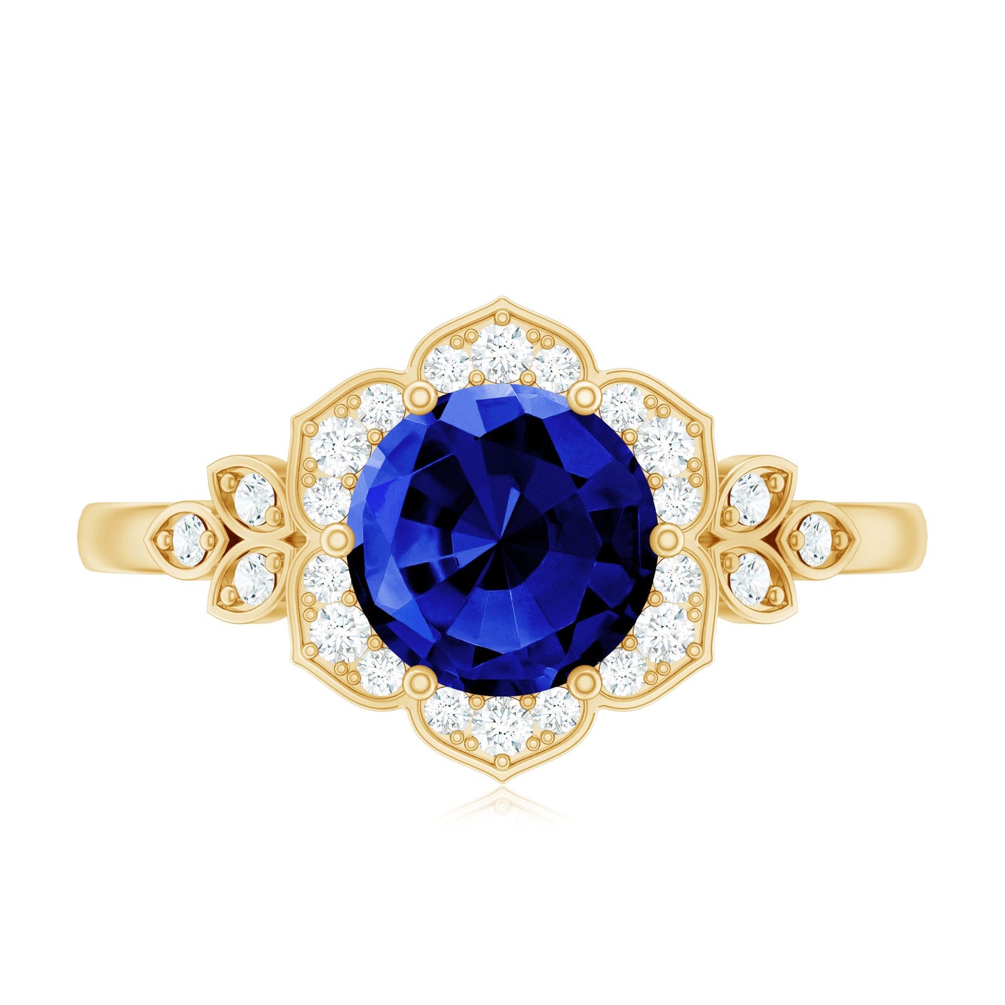 Round Created Blue Sapphire Flower Engagement Ring with Diamond