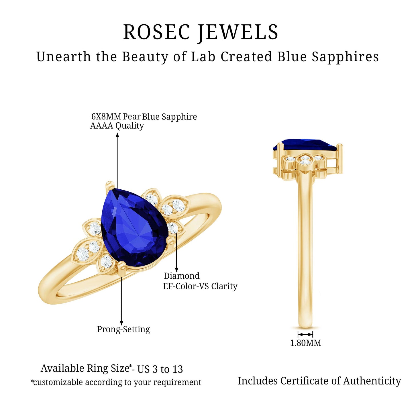 Certified Lab Grown Blue Sapphire Teardrop Engagement Ring with Diamonds