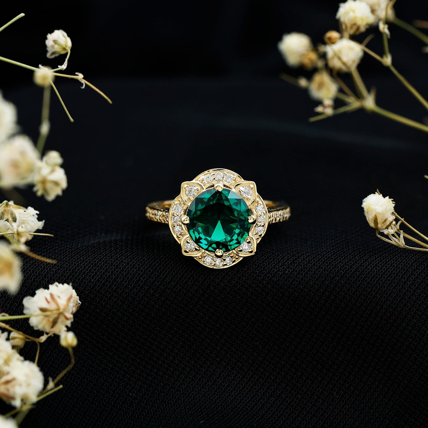 2 Carat Lab Grown Emerald Vintage Inspired Engagement Ring with Diamond