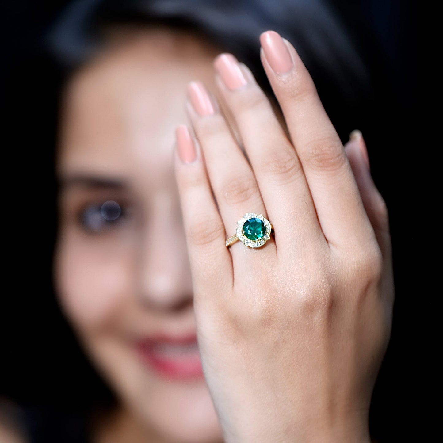 2 Carat Lab Grown Emerald Vintage Inspired Engagement Ring with Diamond