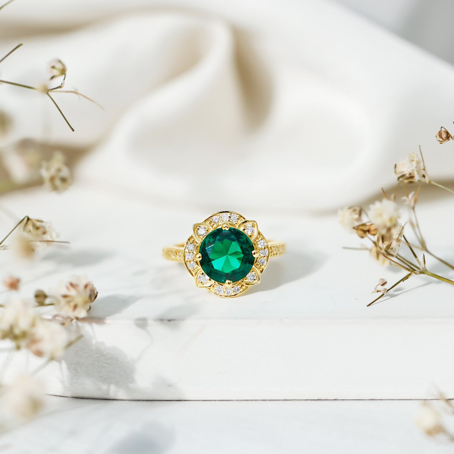 2 Carat Lab Grown Emerald Vintage Inspired Engagement Ring with Diamond