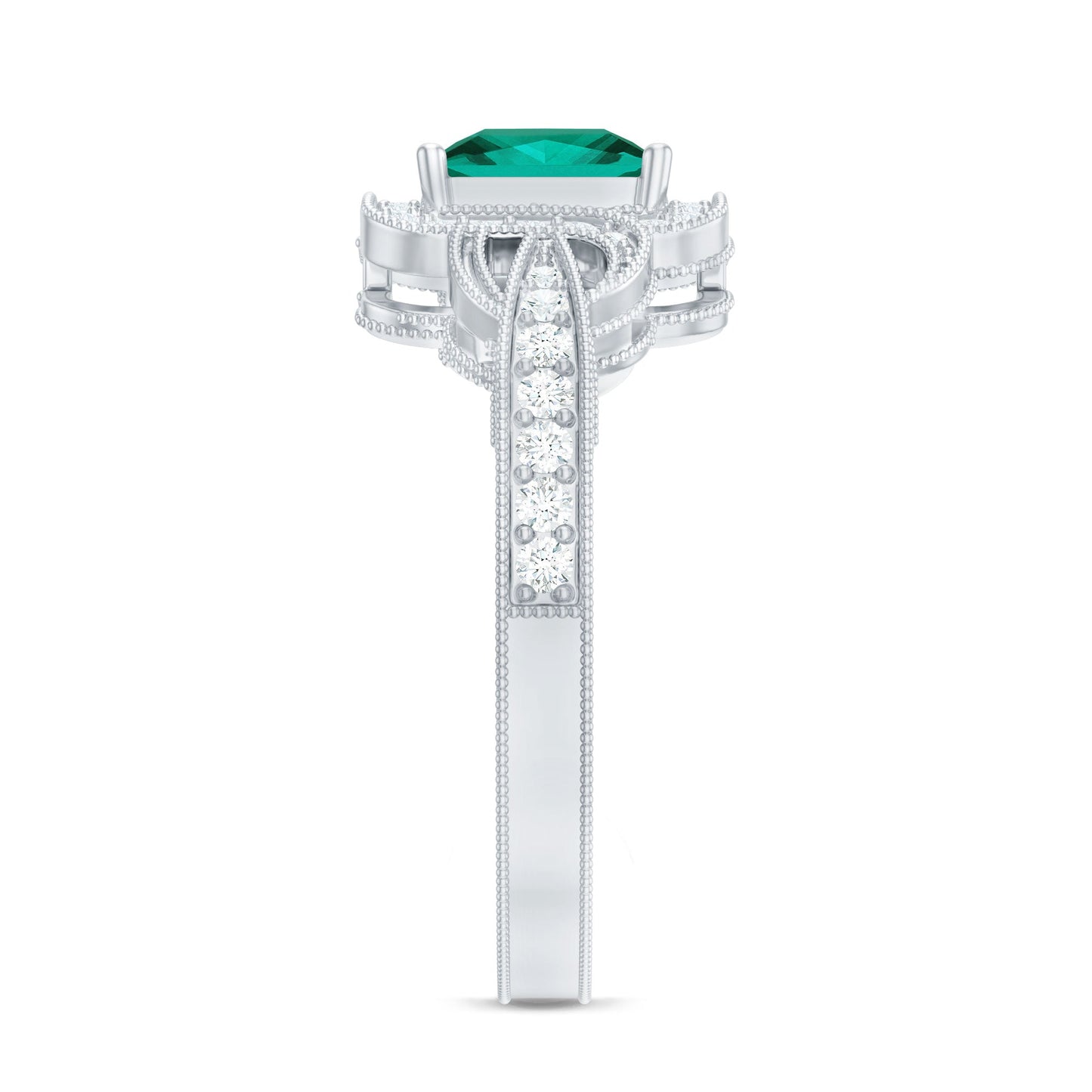 Lab Grown Emerald Vintage Inspired Engagement Ring with Diamond