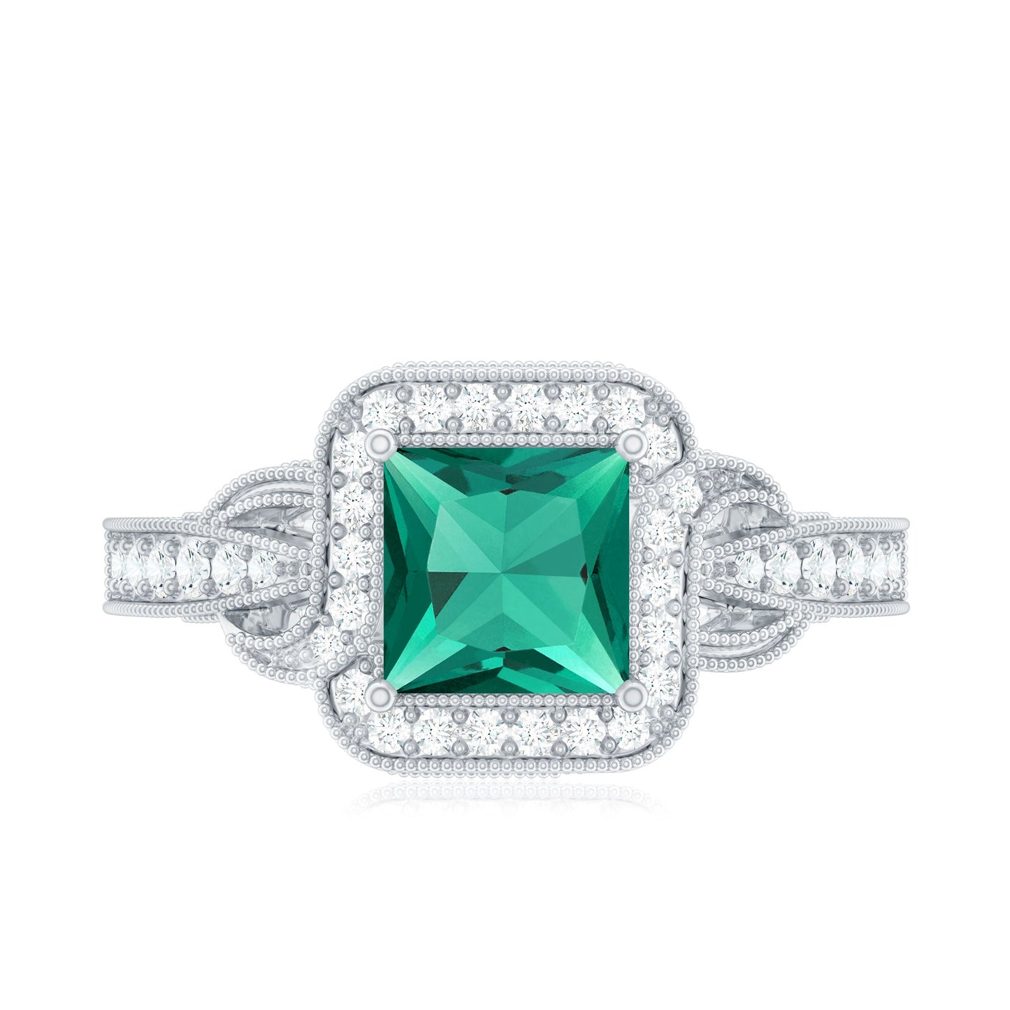 Lab Grown Emerald Vintage Inspired Engagement Ring with Diamond
