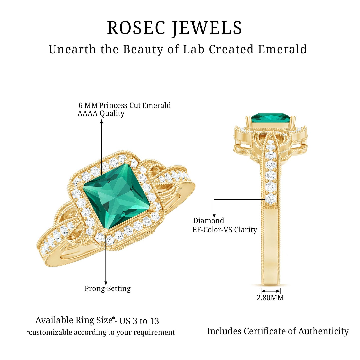 Lab Grown Emerald Vintage Inspired Engagement Ring with Diamond