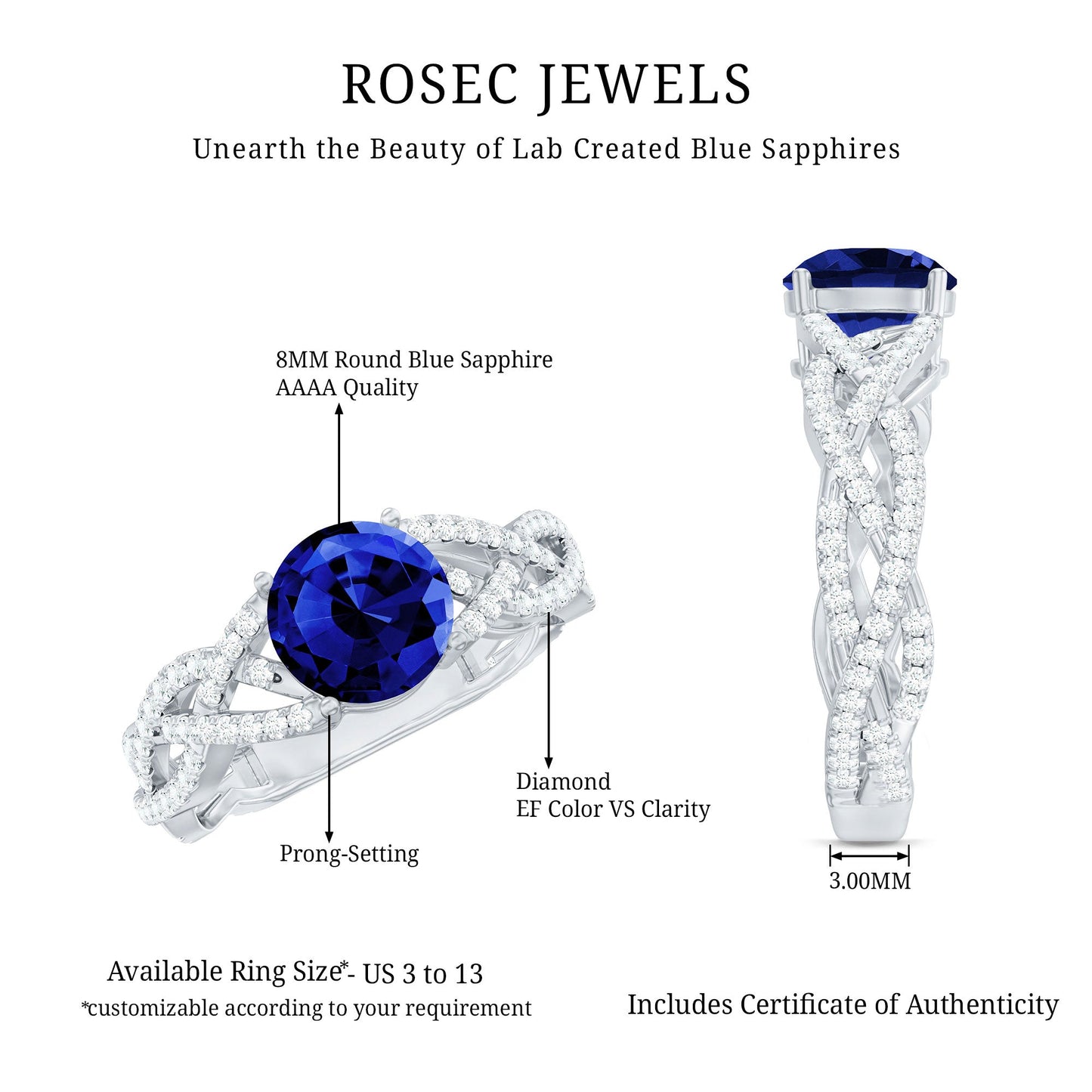 Designer 2.7 Carat Lab Grown Blue Sapphire Engagement Ring with Diamond Criss Cross Shank