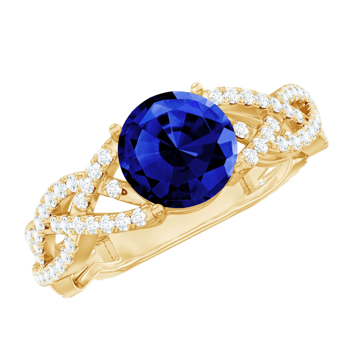 Designer 2.7 Carat Lab Grown Blue Sapphire Engagement Ring with Diamond Criss Cross Shank