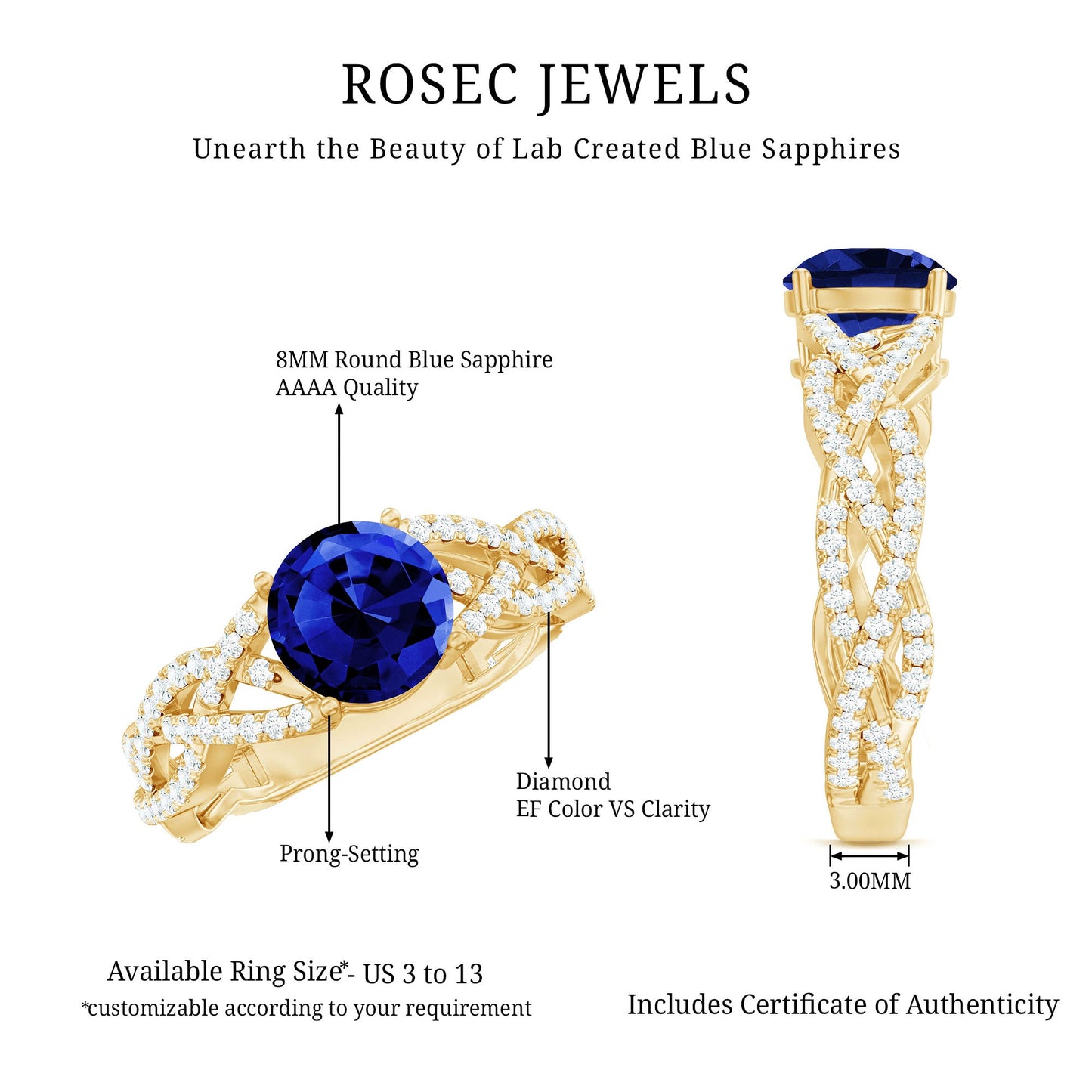 Designer 2.7 Carat Lab Grown Blue Sapphire Engagement Ring with Diamond Criss Cross Shank