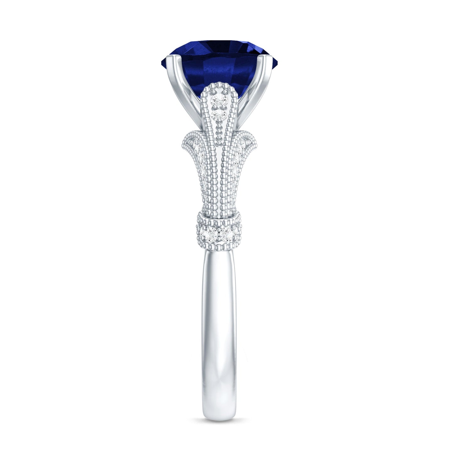 Vintage Style 2.7 Carat Lab Grown Blue Sapphire Engagement Ring with Diamond