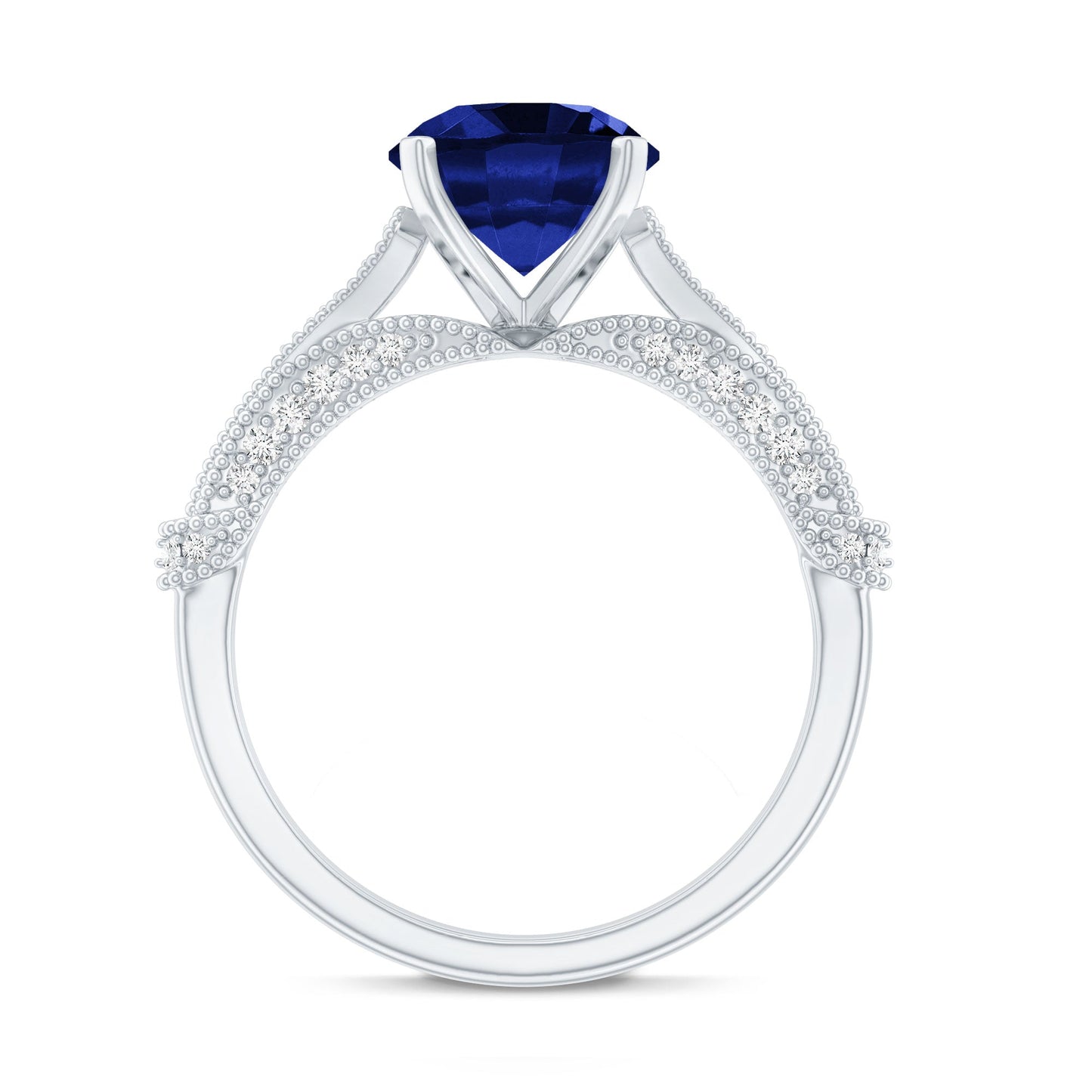 Vintage Style 2.7 Carat Lab Grown Blue Sapphire Engagement Ring with Diamond