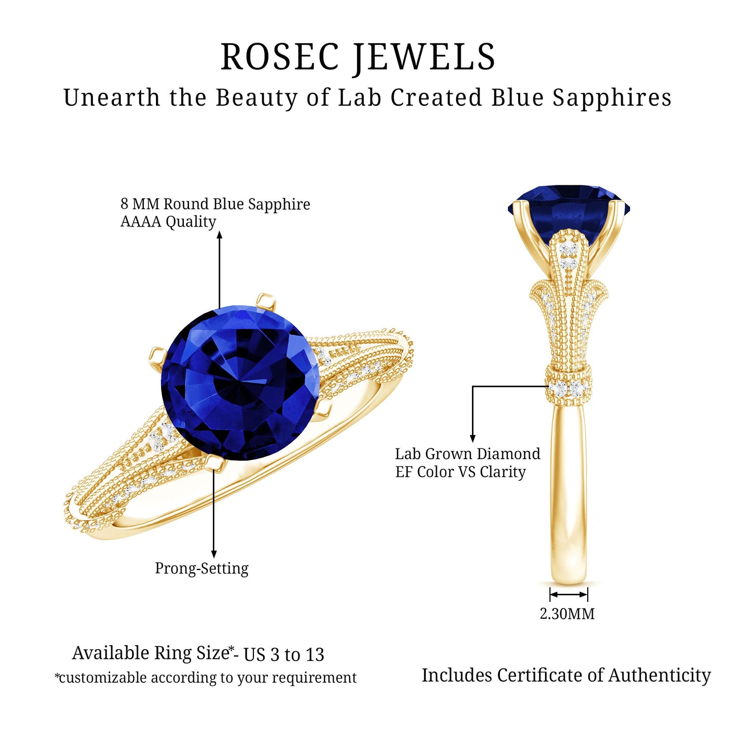 Vintage Style 2.7 Carat Lab Grown Blue Sapphire Engagement Ring with Diamond
