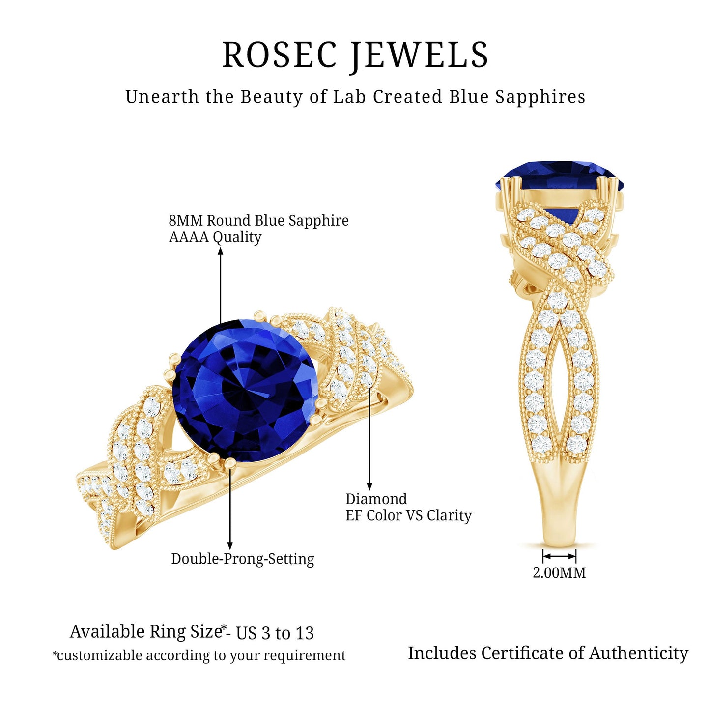 Designer 2.7 Carat Lab Grown Blue Sapphire Statement Engagement Ring with Diamond