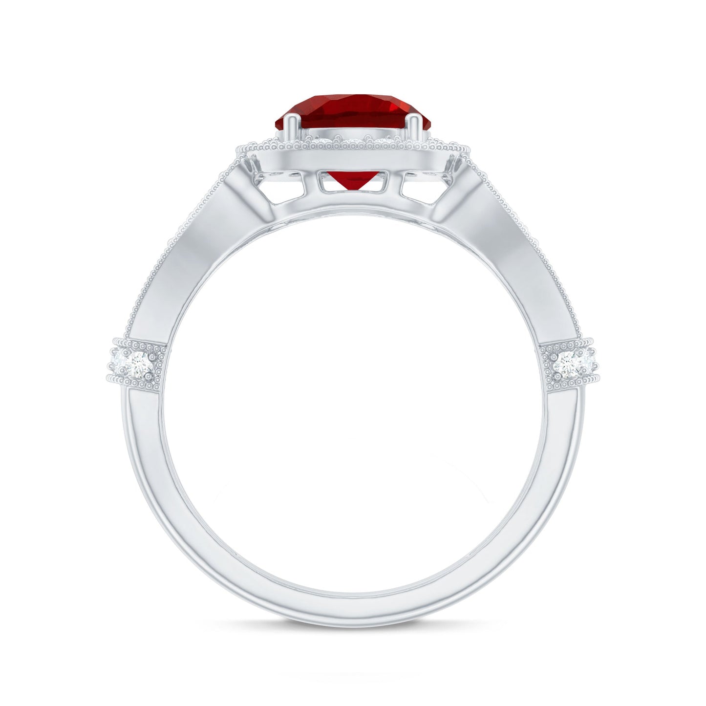 Antique Looking Lab Grown Ruby Engagement Ring with Diamond Halo