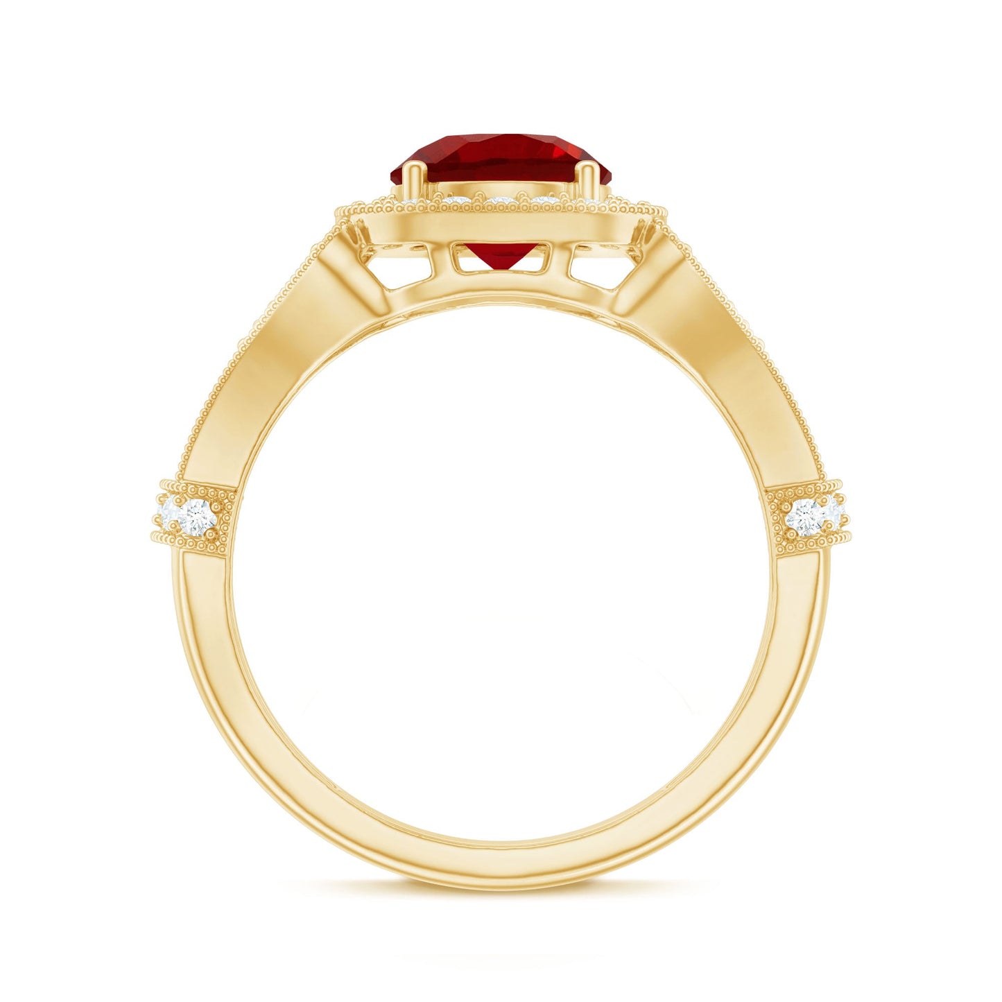 Antique Looking Lab Grown Ruby Engagement Ring with Diamond Halo