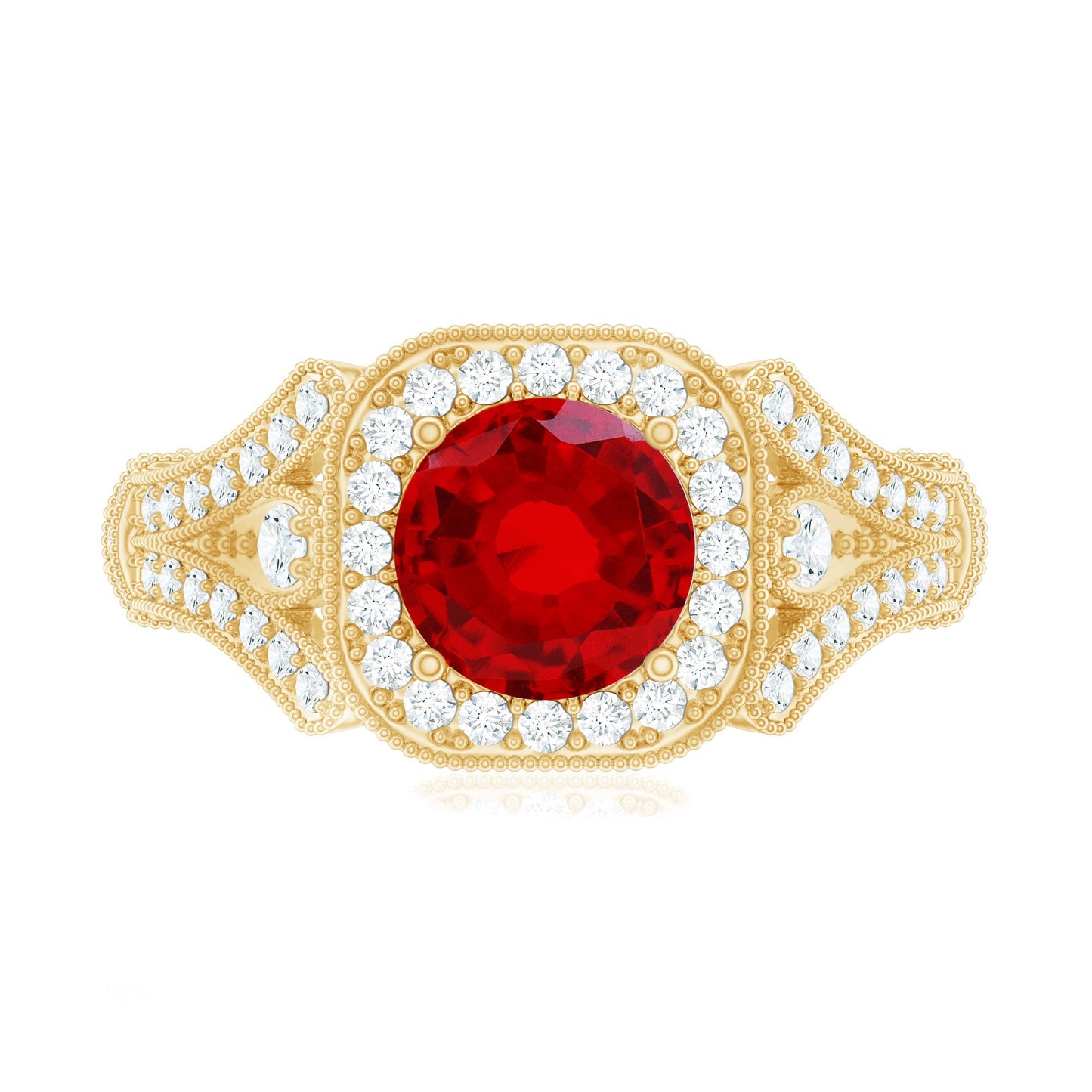 Antique Looking Lab Grown Ruby Engagement Ring with Diamond Halo