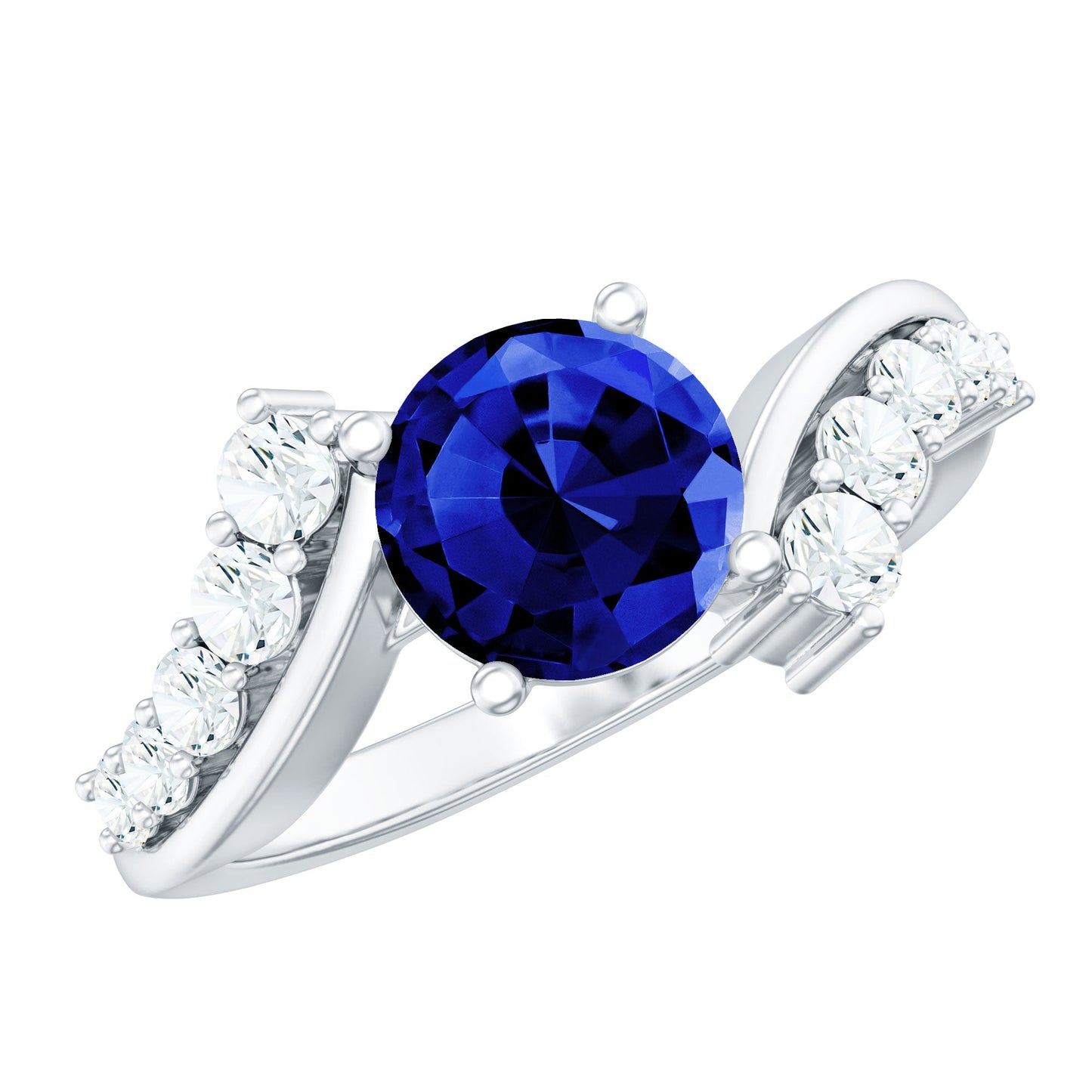 Certified 2.7 Carat Lab Grown Blue Sapphire Engagement Ring with Diamond Bypass Shank
