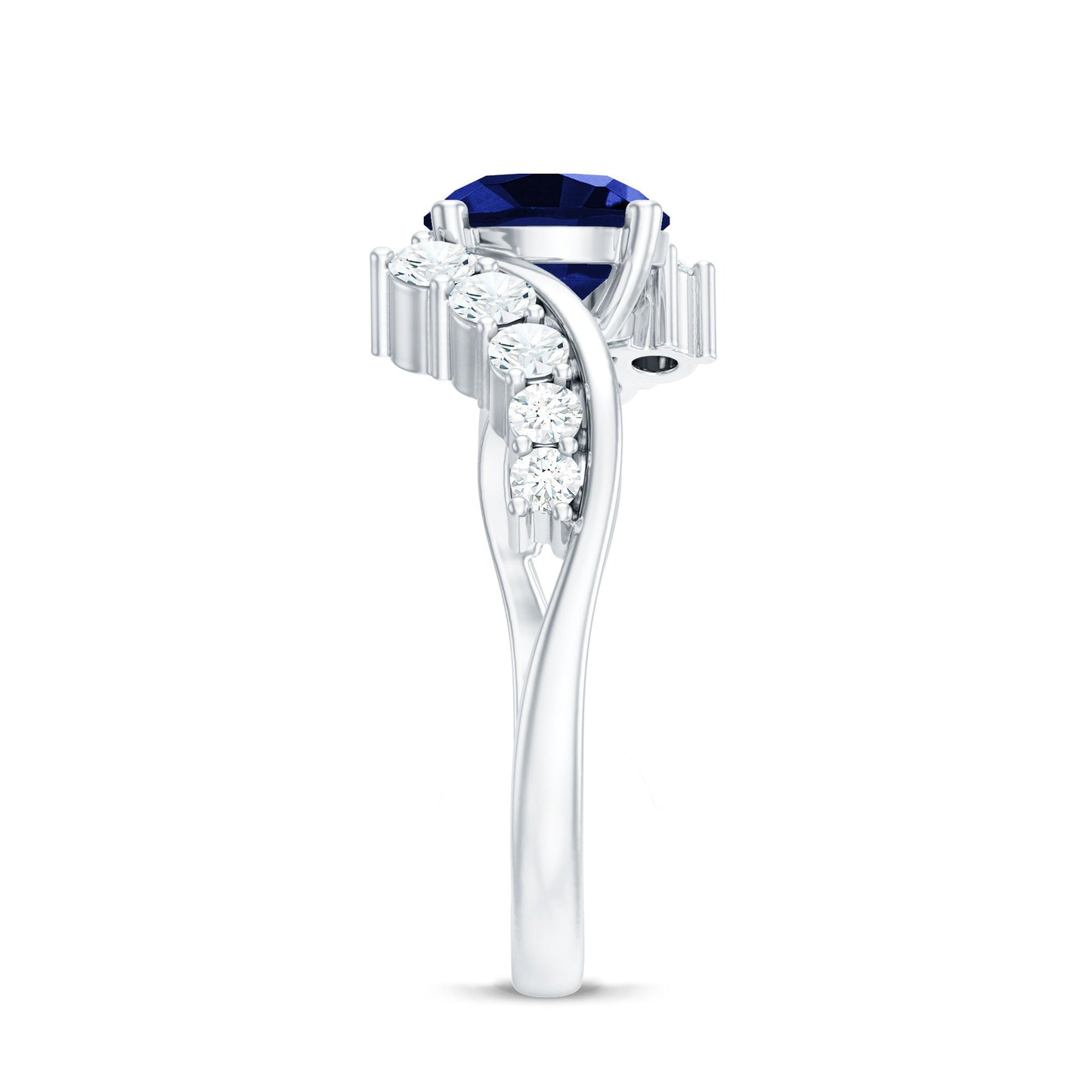 Certified 2.7 Carat Lab Grown Blue Sapphire Engagement Ring with Diamond Bypass Shank