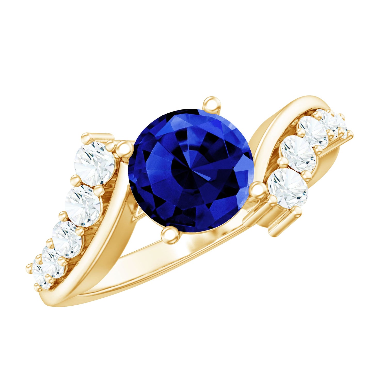 Certified 2.7 Carat Lab Grown Blue Sapphire Engagement Ring with Diamond Bypass Shank