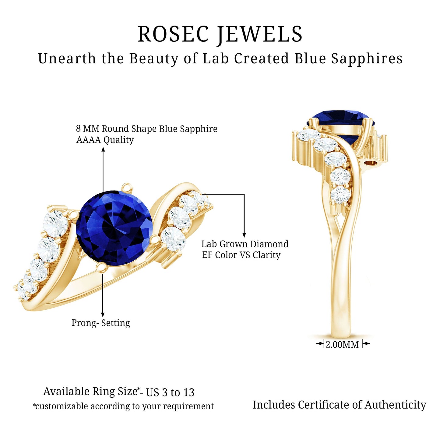 Certified 2.7 Carat Lab Grown Blue Sapphire Engagement Ring with Diamond Bypass Shank