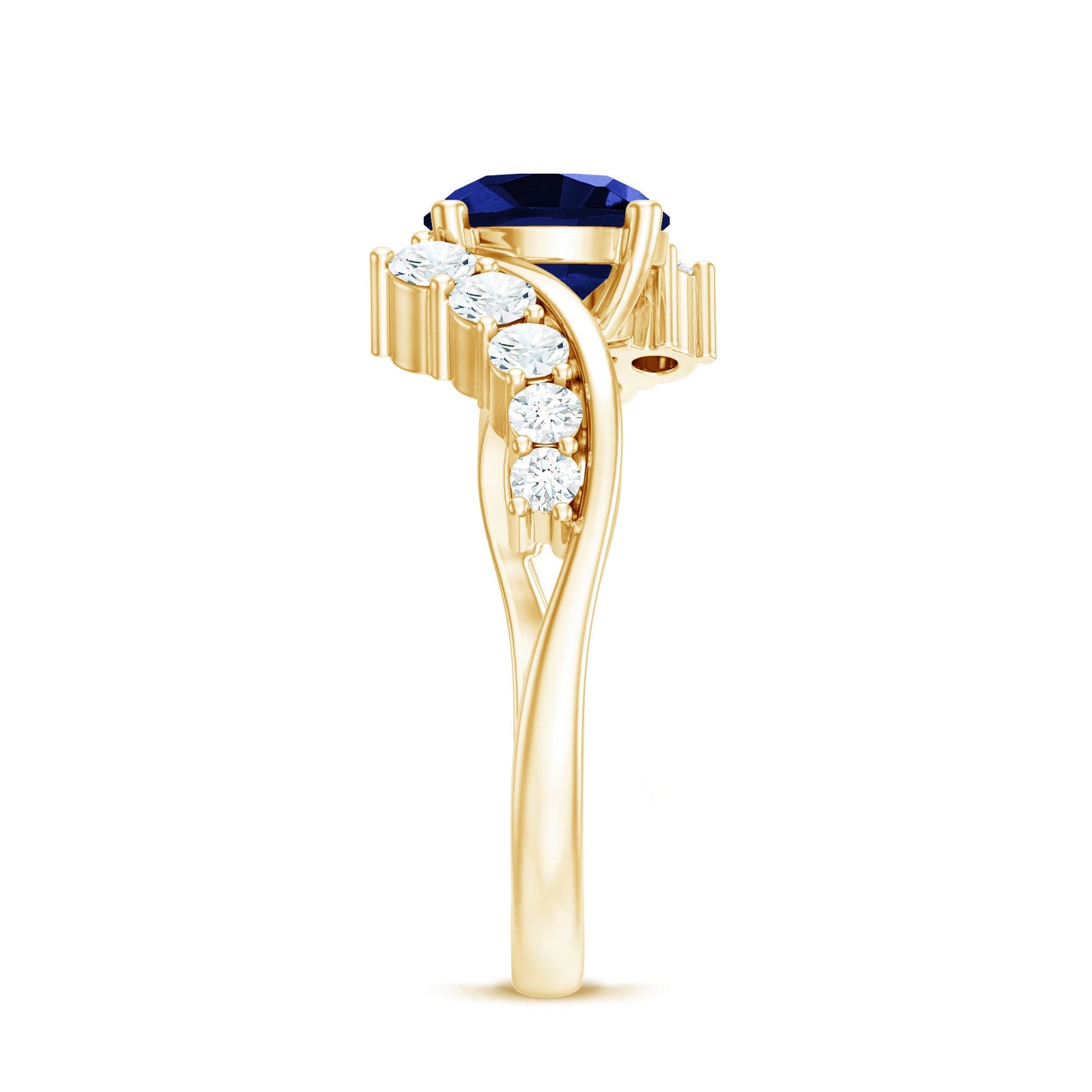 Certified 2.7 Carat Lab Grown Blue Sapphire Engagement Ring with Diamond Bypass Shank