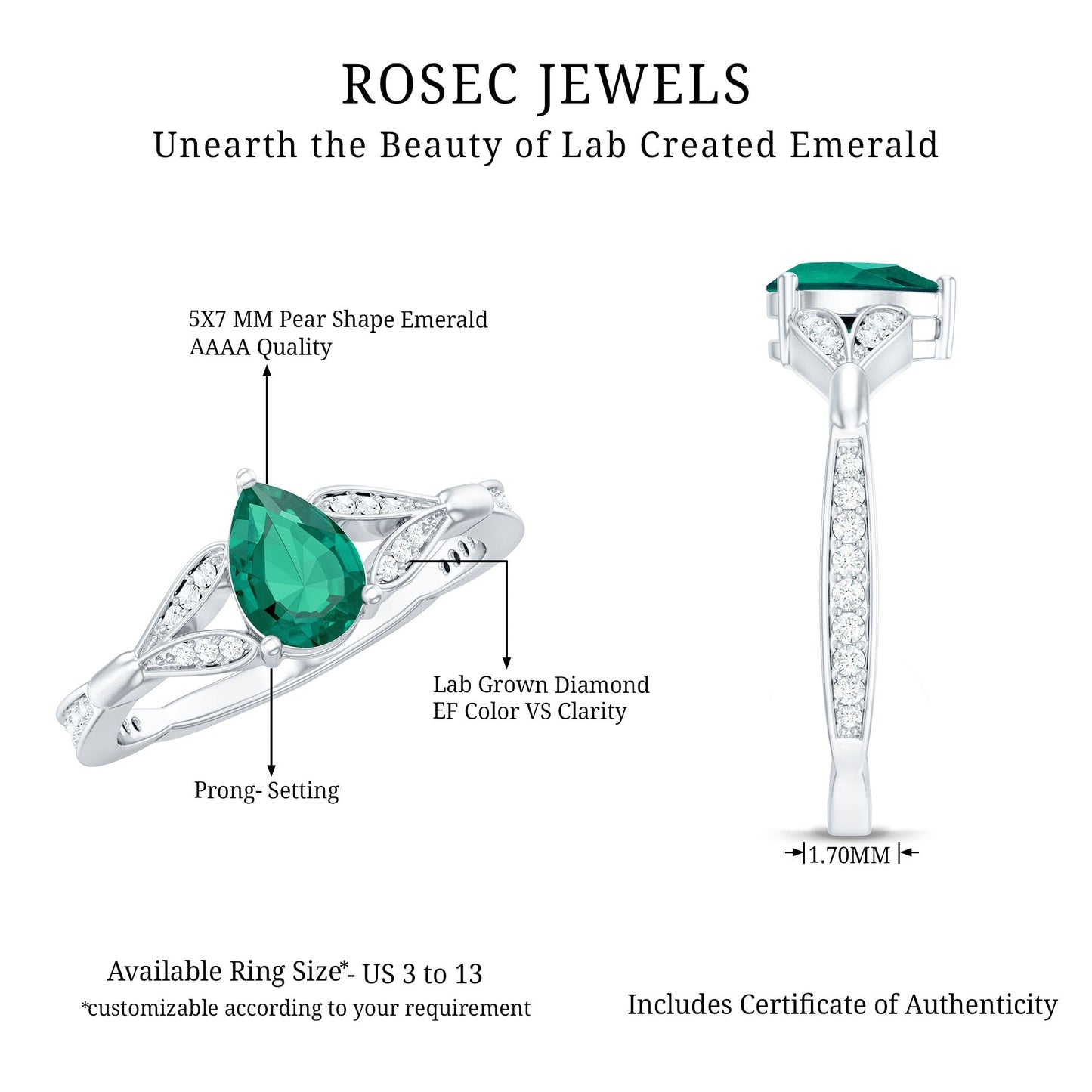 Pear Shape Lab Grown Emerald Teardrop Engagement Ring With Diamond