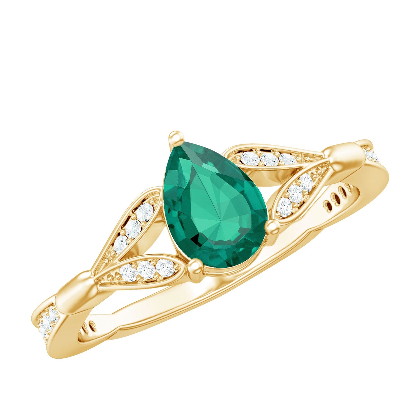 Pear Shape Lab Grown Emerald Teardrop Engagement Ring With Diamond