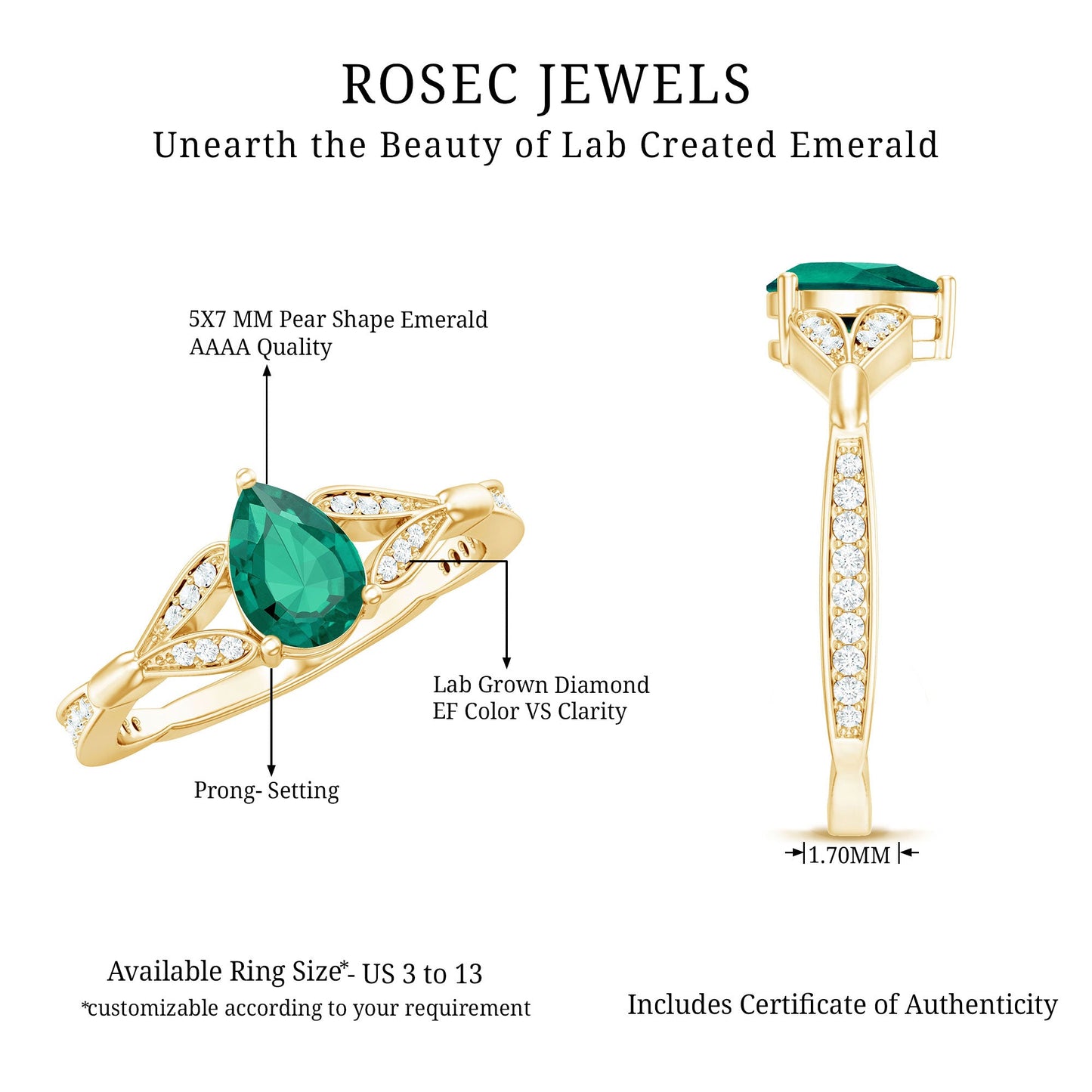 Pear Shape Lab Grown Emerald Teardrop Engagement Ring With Diamond