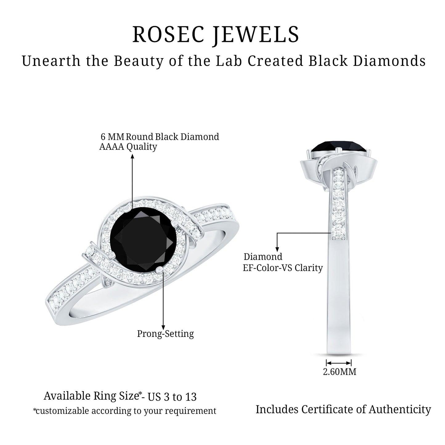 1.3 Carat Lab Grown Black Diamond Engagement Ring with White Diamond Halo
