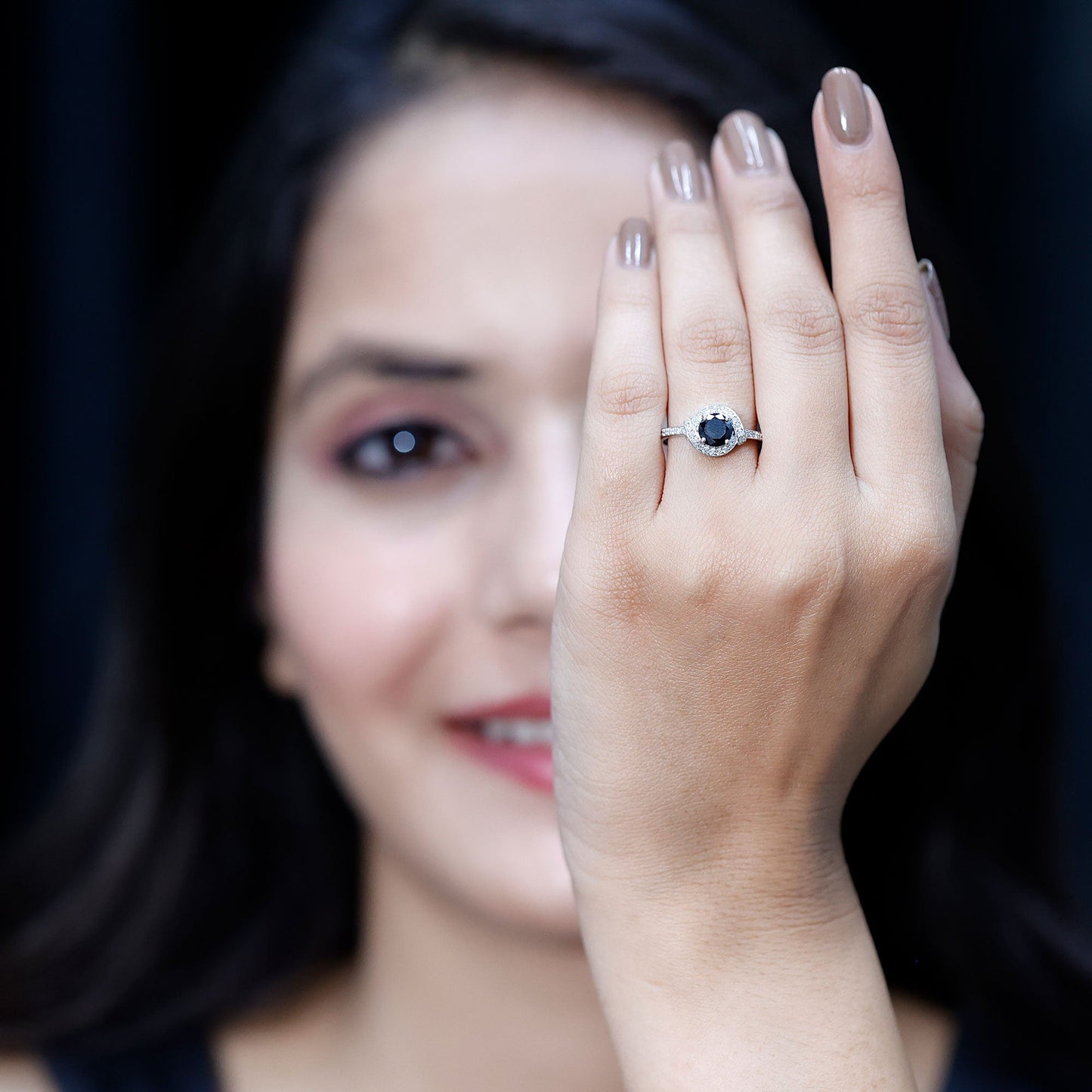 1.3 Carat Lab Grown Black Diamond Engagement Ring with White Diamond Halo
