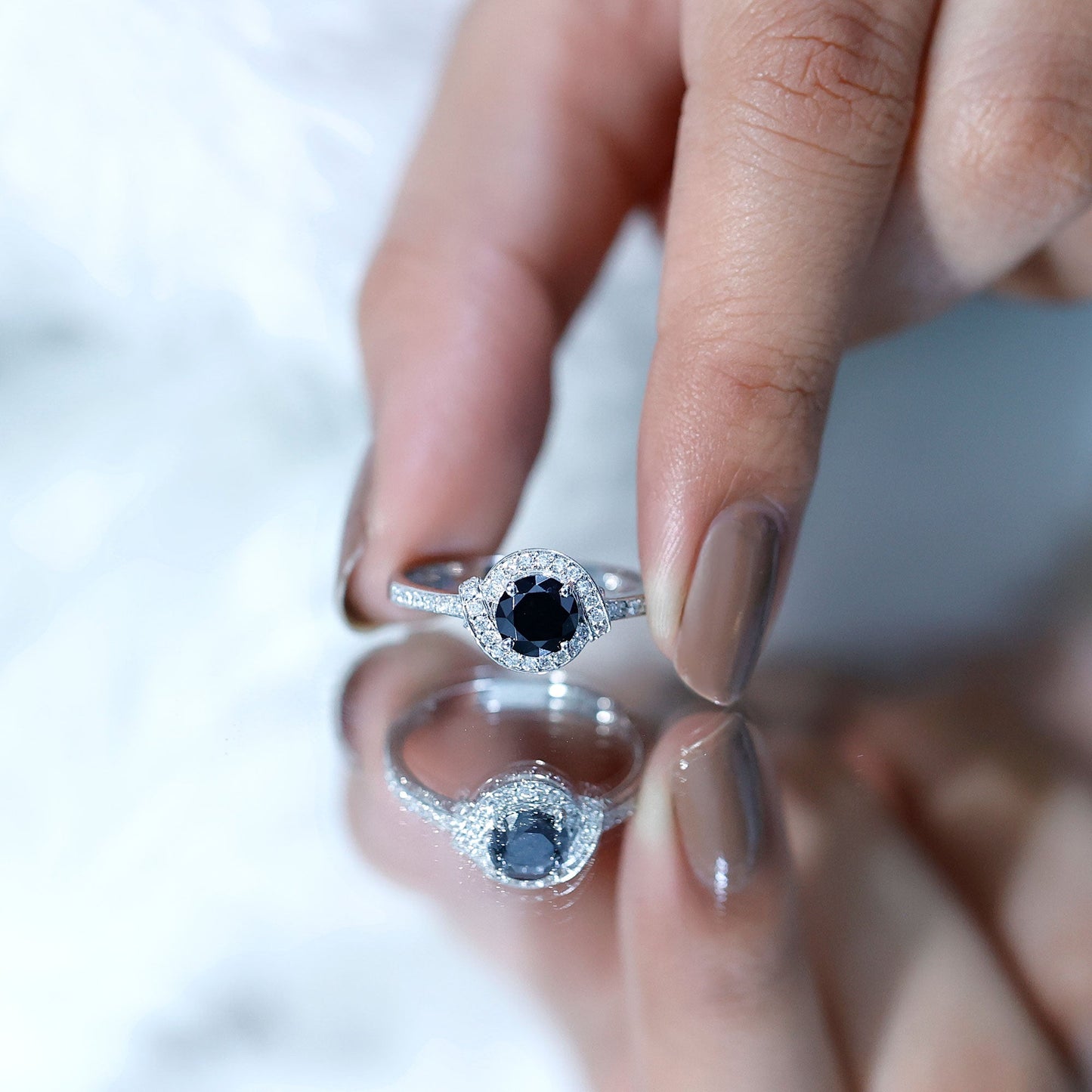 1.3 Carat Lab Grown Black Diamond Engagement Ring with White Diamond Halo
